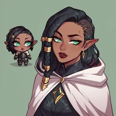 score_9, score_8_up, score_7_up, portrait,
1boy, black hair and beard, long hair, pointed ears, black armor, white cloak, grey color eyes,
2girl, dark skin, green eyes, black dreadlock,
place_lips_here_\(meme\),chibi,forehead,There is a dialog box that says "place lips here",simple background,white background,lipstick mark,
(simple green background),