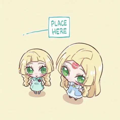 2girl,place_lips_here_\(meme\),chibi,forehead,There is a dialog box that says "place lips here",simple background,white background,lipstick mark,lillie \(pokemon\), 1girl,sun hat,blue ribbon,blonde hair, long hair,twin braids,blunt bangs,green eyes,bare arms,sleeveless dress, collared dress,sun dress