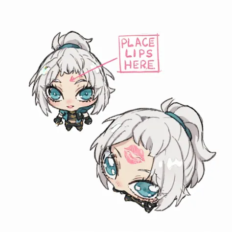 <lora:xl_place_lips_here_(meme)2:1> 2girl, place_lips_here_\(meme\), chibi, forehead, There is a dialog box that says "place lips here", simple background, white background, lipstick mark,
jett, white hair, bodysuit, ponytail, cropped jacket, hooded jacket, fingerless gloves, <lora:jett-ponyxl:1>