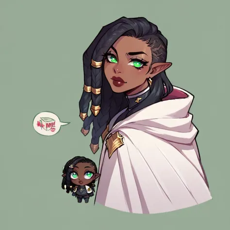 score_9, score_8_up, score_7_up, portrait, 
1boy, black hair and beard, long hair, pointed ears, black armor, white cloak, grey color eyes,
2girl, dark skin, green eyes, black dreadlock,
place_lips_here_\(meme\),chibi,forehead,There is a dialog box that says "place lips here",simple background,white background,lipstick mark,
(simple green background),