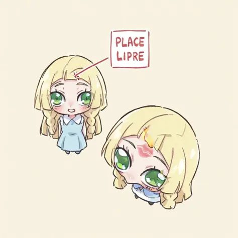 2girl,place_lips_here_\(meme\),chibi,forehead,There is a dialog box that says "place lips here",simple background,white background,lipstick mark,lillie \(pokemon\), 1girl,sun hat,blue ribbon,blonde hair, long hair,twin braids,blunt bangs,green eyes,bare arms,sleeveless dress, collared dress,sun dress