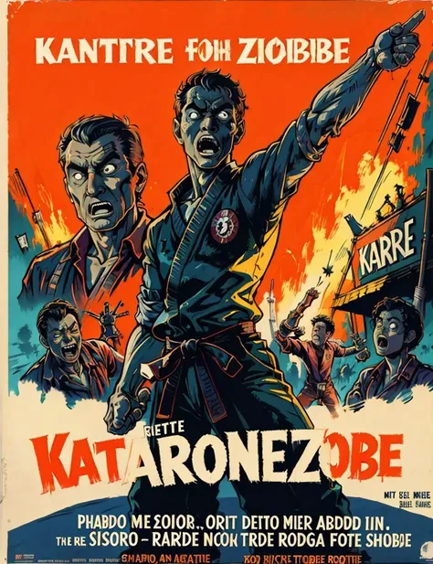 karate zombie , <lora:RetroMoviePoster-000006:.7>,  retro  poster,