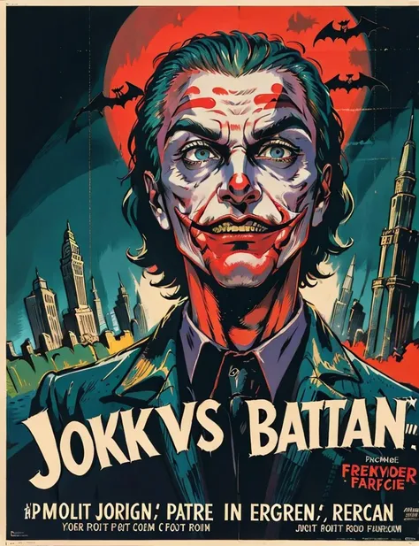 Joker vs batman, <lora:RetroMoviePoster-000006:.7>, face, retro movie poster