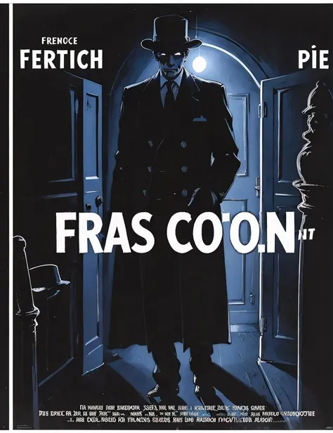 french movie, dark room, one door with light, a silhouette of a man with a hat, <lora:RetroMoviePoster-000006:.7>, retro movie poster,