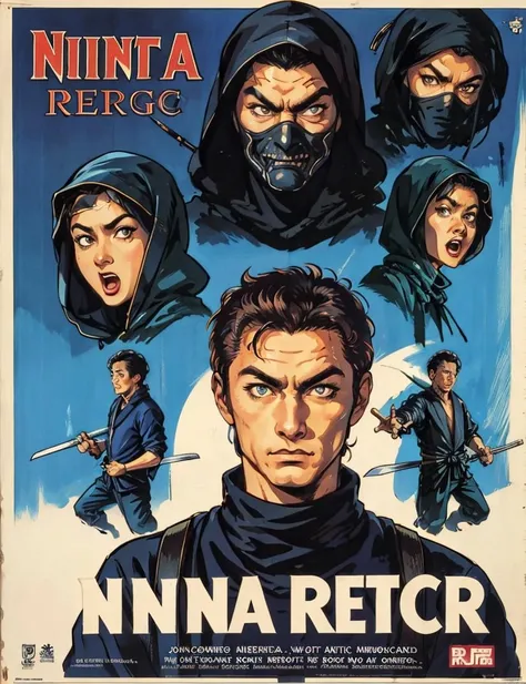 ninja , <lora:RetroMoviePoster-000006:.7>, face, retro movie poster,