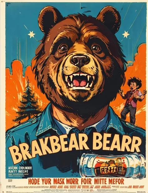a drunk bear, <lora:RetroMoviePoster-000006:.7>, face, retro movie poster,