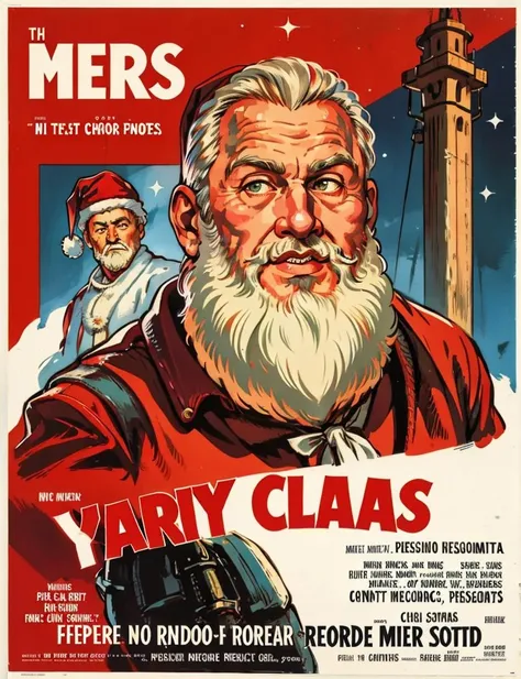 santa claus , <lora:RetroMoviePoster-000006:.7>, face, retro movie poster,
