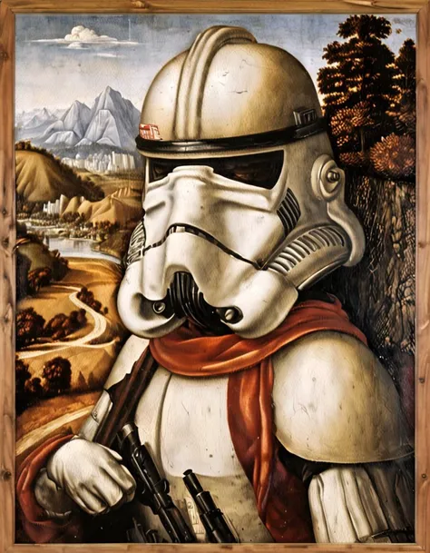 dvnc stormtrooper, woman using only stormtrooper helmet for portrait with one hand resting on the other in front of nature with trees, hills, mountains, road, and bridge, wooden frame, <lora:add-detail-xl:0.6> <lora:StormtrooperV1:1> <lora:dvnc:1>