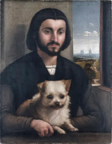<lora:dvnc:1>dvnc portrait of a man holding a small dog by window