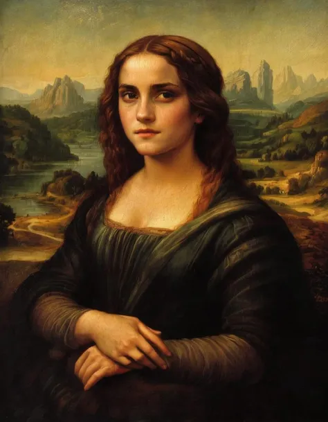 <lora:dvnc:0.8>dvnc emma watson, woman poses for portrait with one hand resting on the other in front of nature with trees, hills, mountains, road, and bridge