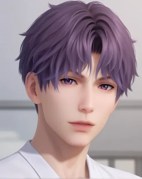 score_9, score_8_up, score_7_up, rating_safe, realistic, BREAK, depth of field, 1boy, solo, mature male, male focus, rafayel_lnds, purple hair, purple eyes, short hair, hair between eyes, bangs,  upper body, white shirt, looking at viewer, facing viewer, straight-on, <lora:rafayel_pony:1>