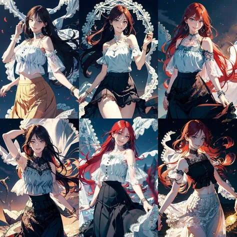 (otherworldly, otherworldly atmosphere, otherworldly appearance), highly insanely detailed, masterpiece, top quality, best quality, highres, 4k, 8k, RAW photo, (long_hair, long hair), collar, earrings, jewelry,
(random colors cloth, random colors hair, random long hair, dynamic hair, glowing hair),
long hair, eyelashes, eyeliner, makeup, hair over one eye,
(dynamic pose), (dynamic weather), (dynamic background), nsfw,
lamp,
1girl, illustration, an extremely delicate and beautiful, CG, unity, Amazing, finely detail, official art, incredibly absurdres, huge filesize, beautiful detailed girl, realistic, flower sea, (Romantic_lace_top:1.5), (Flowy_maxi_skirt:1.4), (Delicate_bracelet:1.3), <lora:Asuka Kijima:0.8>,
(smiling at viewer), (fantasy world)