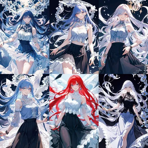 (otherworldly, otherworldly atmosphere, otherworldly appearance), highly insanely detailed, masterpiece, top quality, best quality, highres, 4k, 8k, RAW photo, (long_hair, long hair), collar, earrings, jewelry, 
(random colors cloth, random colors hair, random long hair, dynamic hair, glowing hair), 
long hair, eyelashes, eyeliner, makeup, hair over one eye, 
(dynamic pose), (dynamic weather), (dynamic background), nsfw, 
lamp, 
1girl, illustration, an extremely delicate and beautiful, CG, unity, Amazing, finely detail, official art, incredibly absurdres, huge filesize, beautiful detailed girl, realistic, flower sea, (Romantic_lace_top:1.5), (Flowy_maxi_skirt:1.4), (Delicate_bracelet:1.3), <lora:Asuka Kijima:0.8>, 
(smiling at viewer), (fantasy world)