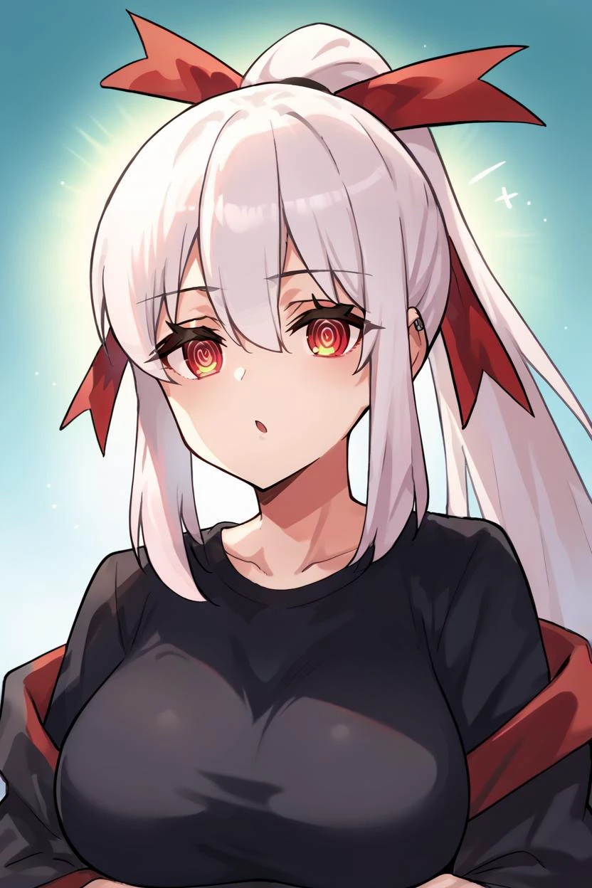 score_9, score_8_up, source_anime, 1girl, solo <lora:consolegirls_xbox_ponyXL-000009:1> xbox-chan, ponytail, hair ribbon, red rings in eyes, hypnotized, looking at viewer, black shirt, long sleeves, large breasts, upper body