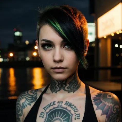 an eye contact of a colorful tattooed emo woman with short hair and dark theme, green eyes , city at night<lora:punk:0.8>