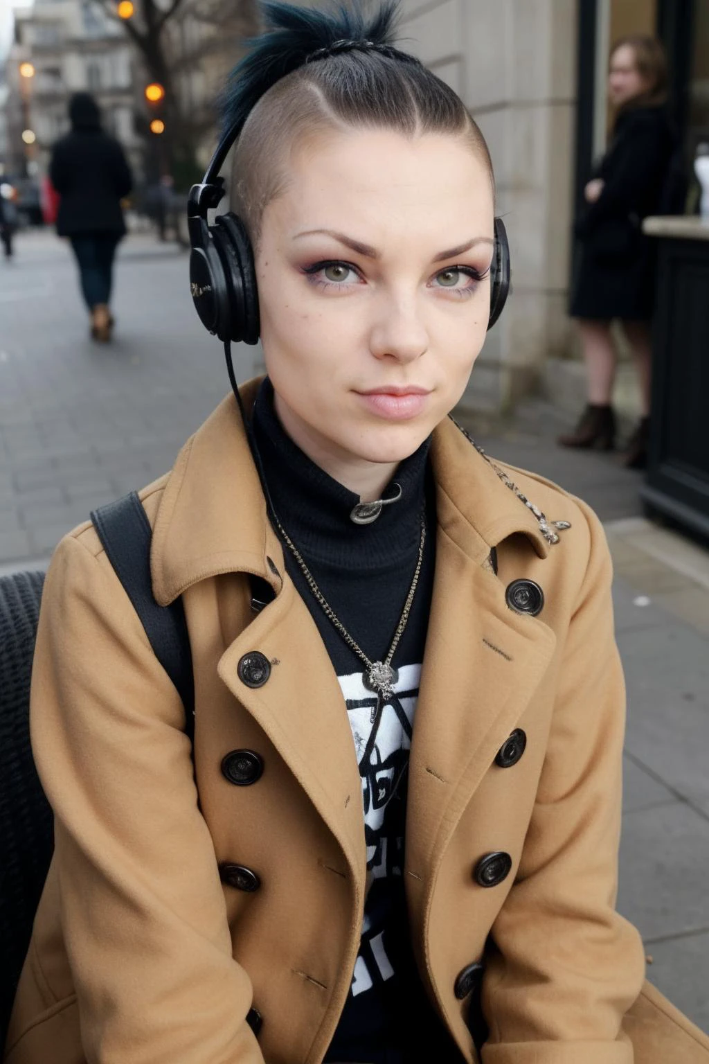 candid photograph of An1t4B3ll1n1-135 a ite attractive woman wearing a closed industrial full-length textured wool trench-coat and headphones sitting at a cafe in Neuilly-sur-Seine drinking an expresso coffee drink from a tiny ceramic cup,duster,medium close-up shot,(3/4 shot),(low-rise),daytime,sunny,((skinny))<lora:breastsizeslideroffset:-0.4><lora:punk:0.6>punk