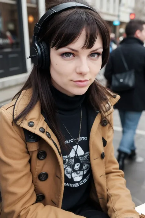 candid photograph of An1t4B3ll1n1-135 a petite attractive woman wearing a closed industrial full-length textured wool trench-coat and headphones sitting at a cafe in Neuilly-sur-Seine drinking an expresso coffee drink from a tiny ceramic cup,duster,medium close-up shot,(3/4 shot),(low-rise),daytime,sunny,((skinny))<lora:breastsizeslideroffset:-0.4><lora:punk:0.6>punk