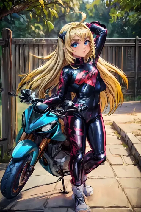 (AS-YoungV2:1.3), (detailed eyes:1.3), Beautiful Lighting, (1girl:(Thick thighs:0.8), blue  eyes, blonde hair, absurdly long hair, ahoge, eyebrows visible through hair), (real skin), <lora:l - L| :1>,
(outdoors:1.2), alley,
 <lora:biker:1>, biker, a woman riding a (motorbike:1.3), smiling, jumpsuit,