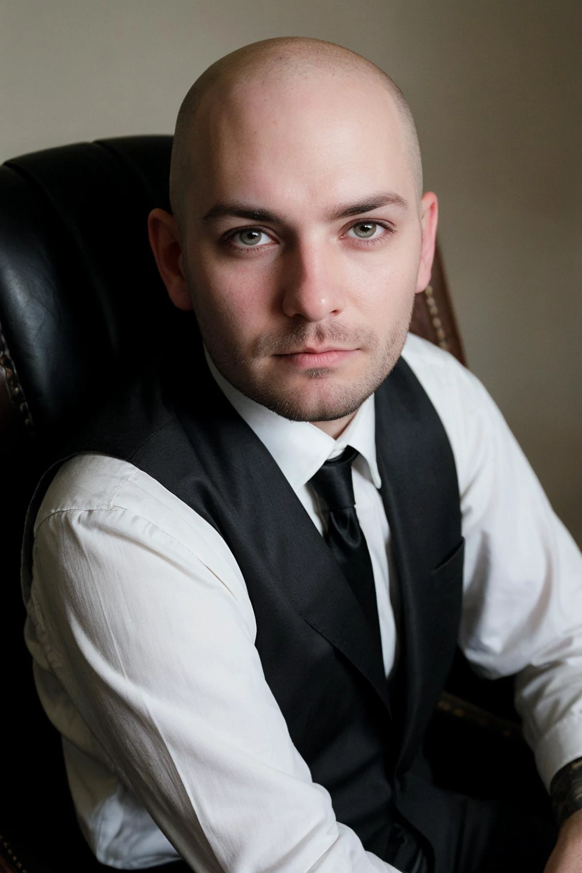 adult man at sitting on a chair, bald,(detailed eyes:0.8). intricate details,soft lighting,<lora:punk:0.8> punk