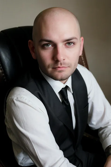 adult man at sitting on a chair, bald,(detailed eyes:0.8). intricate details,soft lighting,<lora:punk:0.8> punk