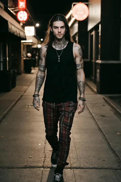 adult man  running on street at night, sleeveless shirt , plaid pants, off center, tattoos, , long hair ,(detailed eyes:0.8). intricate details,soft lighting, motion blur <lora:punk:0.8> punk