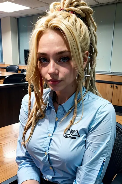 dreads blonde woman shirt in office <lora:dreads:1>