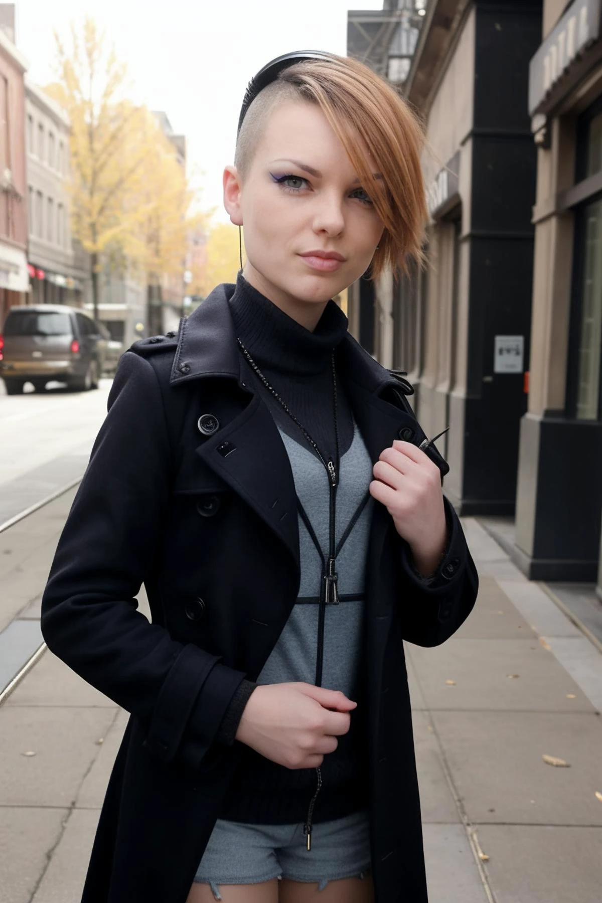 candid photograph of An1t4B3ll1n1-135 a ite attractive woman wearing a closed industrial full-length textured wool trench-coat and headphones,duster,medium close-up shot,(3/4 shot),(low-rise),daytime,sunny,((skinny))<lora:breastsizeslideroffset:-0.4><lora:punk:0.6>punk