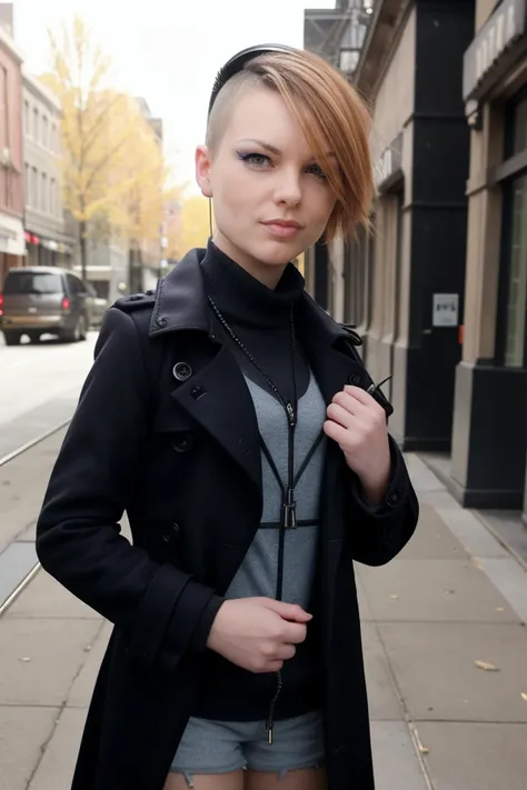 candid photograph of An1t4B3ll1n1-135 a ite attractive woman wearing a closed industrial full-length textured wool trench-coat and headphones,duster,medium close-up shot,(3/4 shot),(low-rise),daytime,sunny,((skinny))<lora:breastsizeslideroffset:-0.4><lora:punk:0.6>punk