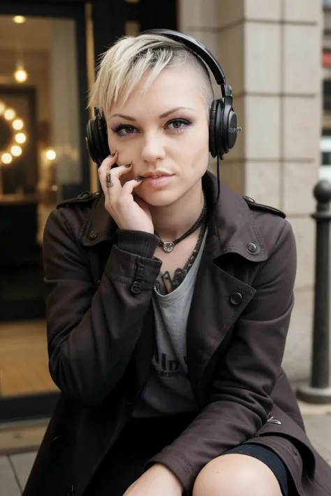 candid photograph of An1t4B3ll1n1-135 a ite attractive woman wearing a closed industrial full-length textured wool trench-coat and headphones sitting at a cafe in Neuilly-sur-Seine drinking an expresso coffee drink from a tiny ceramic cup,duster,medium close-up shot,(3/4 shot),(low-rise),daytime,sunny,((skinny))<lora:breastsizeslideroffset:-0.4><lora:punk:0.6>punk