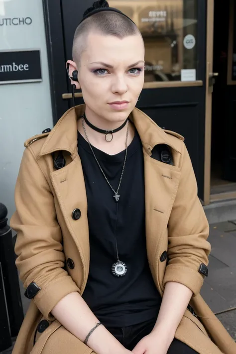 candid photograph of An1t4B3ll1n1-135 a ite attractive woman wearing a closed industrial full-length textured wool trench-coat and headphones sitting at a cafe in Neuilly-sur-Seine drinking an expresso coffee drink from a tiny ceramic cup,duster,medium close-up shot,(3/4 shot),(low-rise),daytime,sunny,((skinny))<lora:breastsizeslideroffset:-0.4><lora:punk:0.6>punk