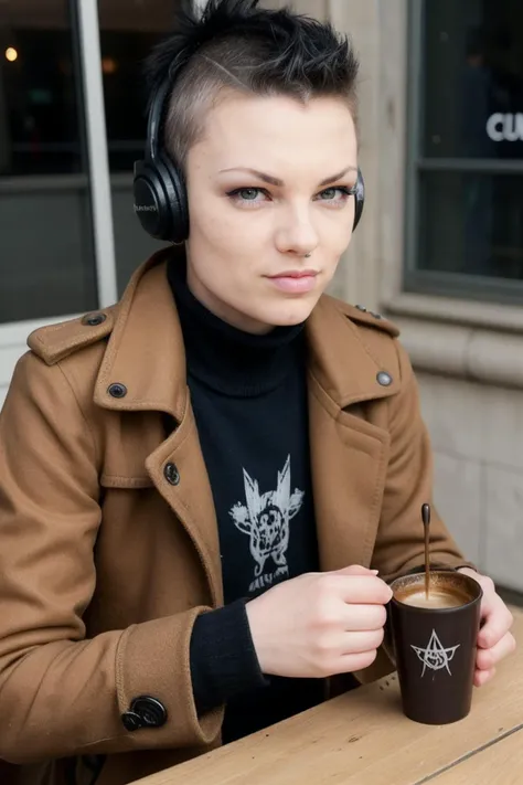 candid photograph of An1t4B3ll1n1-135 a ite attractive woman wearing a closed industrial full-length textured wool trench-coat and headphones sitting at a cafe in Neuilly-sur-Seine drinking an expresso coffee drink from a tiny ceramic cup,duster,medium close-up shot,(3/4 shot),(low-rise),daytime,sunny,((skinny))<lora:breastsizeslideroffset:-0.4><lora:punk:0.6>punk