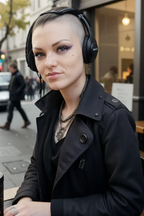 candid photograph of An1t4B3ll1n1-135 a ite attractive woman wearing a closed industrial full-length textured wool trench-coat and headphones sitting at a cafe in Neuilly-sur-Seine drinking an espresso,duster,medium close-up shot,(3/4 shot),(low-rise),daytime,sunny,((skinny))<lora:breastsizeslideroffset:-0.4><lora:punk:0.6>punk