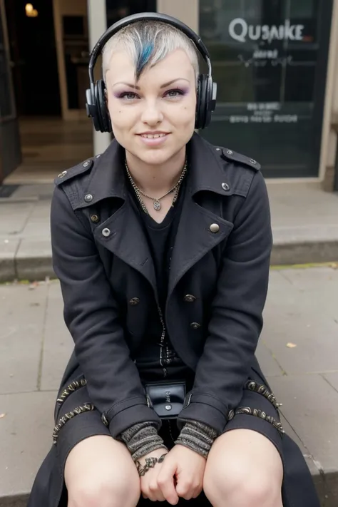 candid photograph of An1t4B3ll1n1-135 a ite attractive woman wearing a closed industrial full-length textured wool trench-coat and headphones sitting at a cafe in Neuilly-sur-Seine drinking an expresso coffee drink from a tiny ceramic cup,duster,medium close-up shot,(3/4 shot),(low-rise),daytime,sunny,((skinny))<lora:breastsizeslideroffset:-0.4><lora:punk:0.6>punk