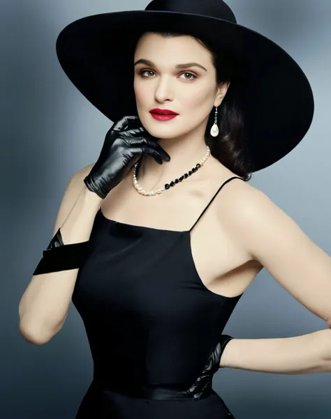 RachelWeisz,<lora:RachelWeiszSDXL:1>The image features a woman wearing a black hat, a black dress, and a pearl necklace. She is posing for a picture, and her lips are painted red. The woman is also wearing a black glove, which adds to her elegant and stylish appearance. The combination of her outfit, makeup, and accessories creates a sophisticated and timeless look. (controlnet_mode:canny sdxlYamersRealism2, sdxl-1. 0. 0. 9. safetensors, SeargeSDXL4. 2-Llama2 prompt)