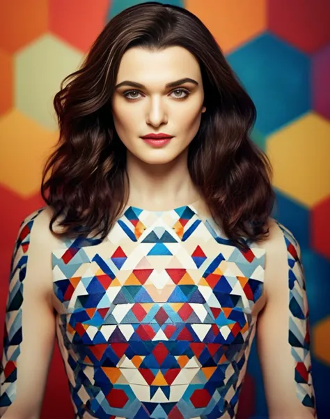 RachelWeisz,<lora:RachelWeiszSDXL:1>, cinematic photo (full-body:1.85) A futuristic portrait of a beautiful young woman on a simple paper studio background with a strong colourful intricate circular geometrical pattern, geometrical makeup, (highly detailed skin texture:1.6), pores, high contrast . 35mm photograph, film, bokeh, professional, 4k, highly detailed