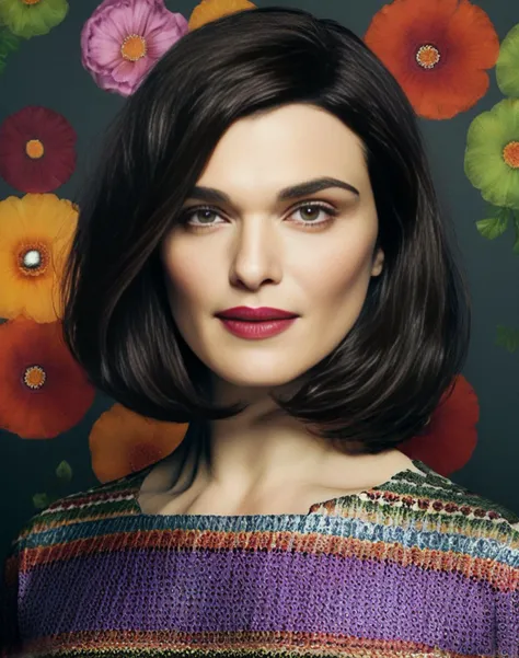RachelWeisz, portrait,close up of a Monstrous tall Female, behance, Nonchalant Short bob hairstyle, Folk Art, short lighting, dark rainbow hue, <lora:RachelWeiszSDXL:1>