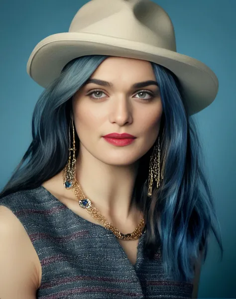 RachelWeisz,<lora:RachelWeiszSDXL:1>,Realistic photo of a beautiful woman, 1girl, solo, long hair, hat, jewelry, blue hair, jacket, multicolored hair, necklace, bracelet, lips, realistic, fashion, soft lighting, professional Photography, Photorealistic, detailed, RAW, analog, sharp focus, 8k, HD, DSLR, high quality, Fujifilm XT3, film grain, award winning, masterpiece