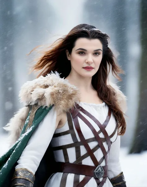 RachelWeisz,<lora:RachelWeiszSDXL:1> photograph, Compelling athletic Female cosplaying as Freyja, Snowing, Iphone X, Low shutter