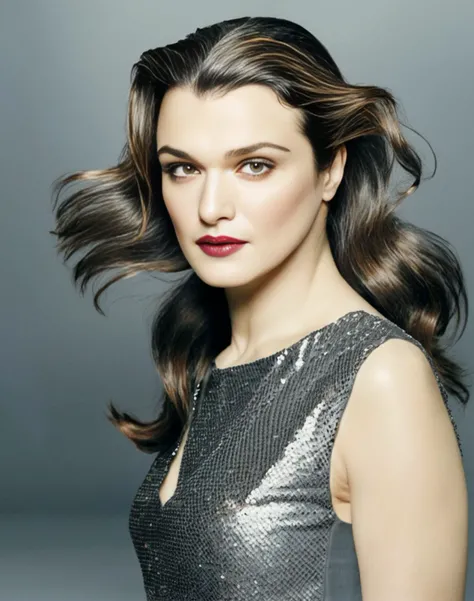 RachelWeisz,<lora:RachelWeiszSDXL:1>The image features a beautiful woman wearing a dark grey sequin dress, which is adorned with bronze sequins. She is posing for the camera, with her hand on her chin, lipstick, and her long hair is styled in a ponytail. The woman appears to be confident and poised, showcasing her elegant attire and striking appearance.