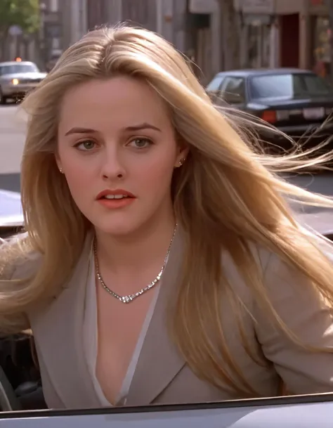 Alicia Silverstone, the gorgeous blonde-haired lawyer with long cascading tresses, flawlessly dons stylish jewelry while confidently speeding down the city streets in her sleek sports car, exuding power and grace. <lora:tnqnwl18e5c6ec72dm46:1>