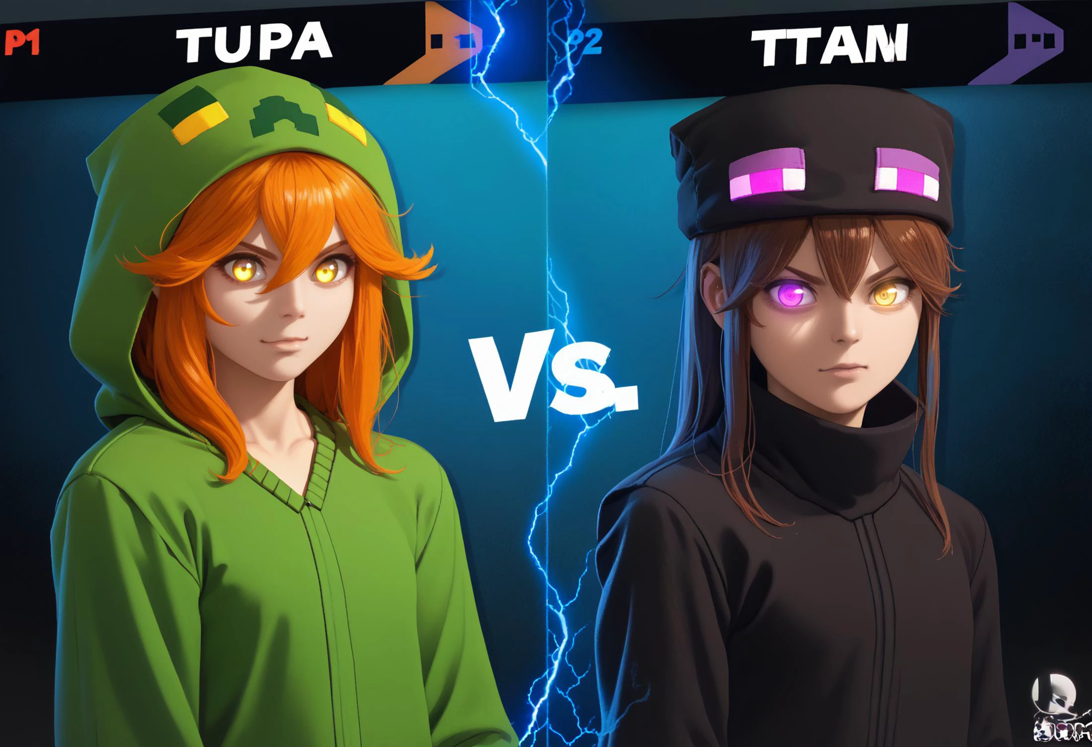 score_9, score_8_up, score_7_up, score_6_up, IncrsSSBUVS, electricity <lora:SSBUVSScreen_XLPD:0.55>
BREAK mtcupa, orange hair, yellow eyes, green hoodie, hood, long sleeves, brown gloves <lora:mobtalker_creeper_ponyXL:1>
BREAK Enderman-chan, black jacket, high collar, enderman hat, black skirt, glowing, glowing eyes, purple eyes <lora:Enderman_XLPD:1>