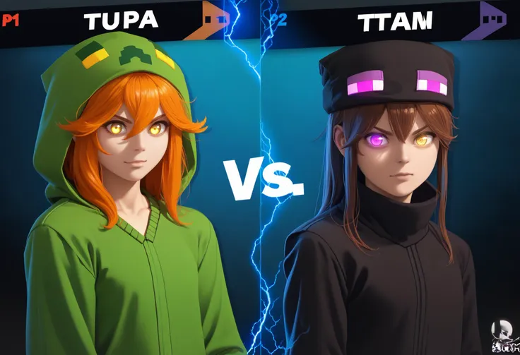 score_9, score_8_up, score_7_up, score_6_up, IncrsSSBUVS, electricity <lora:SSBUVSScreen_XLPD:0.55>
BREAK mtcupa, orange hair, yellow eyes, green hoodie, hood, long sleeves, brown gloves <lora:mobtalker_creeper_ponyXL:1>
BREAK Enderman-chan, black jacket, high collar, enderman hat, black skirt, glowing, glowing eyes, purple eyes <lora:Enderman_XLPD:1>