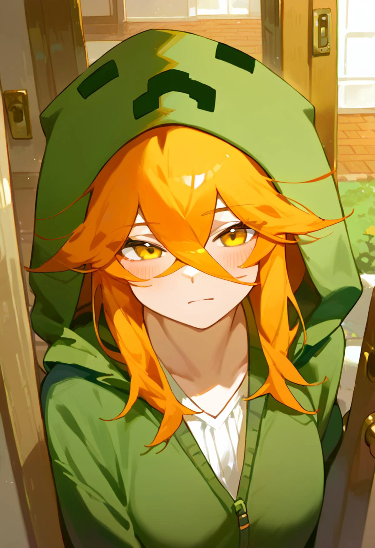 (score_9,score_8_up,score_7_up),best quality, masterpiece,source anime, <lora:naipf:1>,
1 girl, <lora:mobtalker_creeper_ponyXL:1> mtcupa,orange hair, yellow eyes, green hoodie, hood, long sleeves, brown gloves, green thighhighs, oudoors,