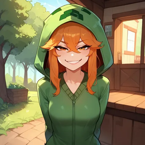 masterpiece, highres, score_9, score_8_up, score_7_up, source_anime, solo, 1girl, mtcupa, happy, half lidded eyes, brown gloves, hands behind back, orange hair, green hoodie, hood, long sleeves, green thighhighs, cottage, forest, pov, living room, perfect hands, perfect eyes, perfect mouth, upper body, portrait<lora:smug3(sdxl):1.0> smug, <lora:mobtalker_creeper_ponyXL:1>