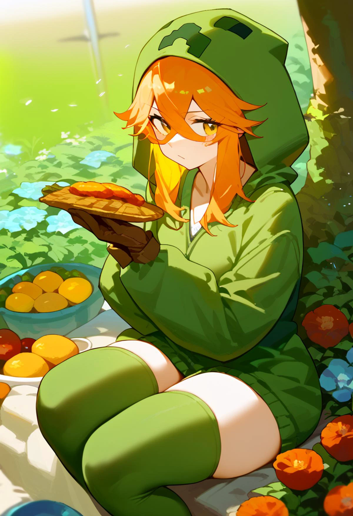 (score_9,score_8_up,score_7_up),best quality, masterpiece,source anime, <lora:naipf:1>,
1 girl, <lora:mobtalker_creeper_ponyXL:1> mtcupa,orange hair, yellow eyes, green hoodie, hood, long sleeves, brown gloves, green thighhighs, outdoors, thick thighs,