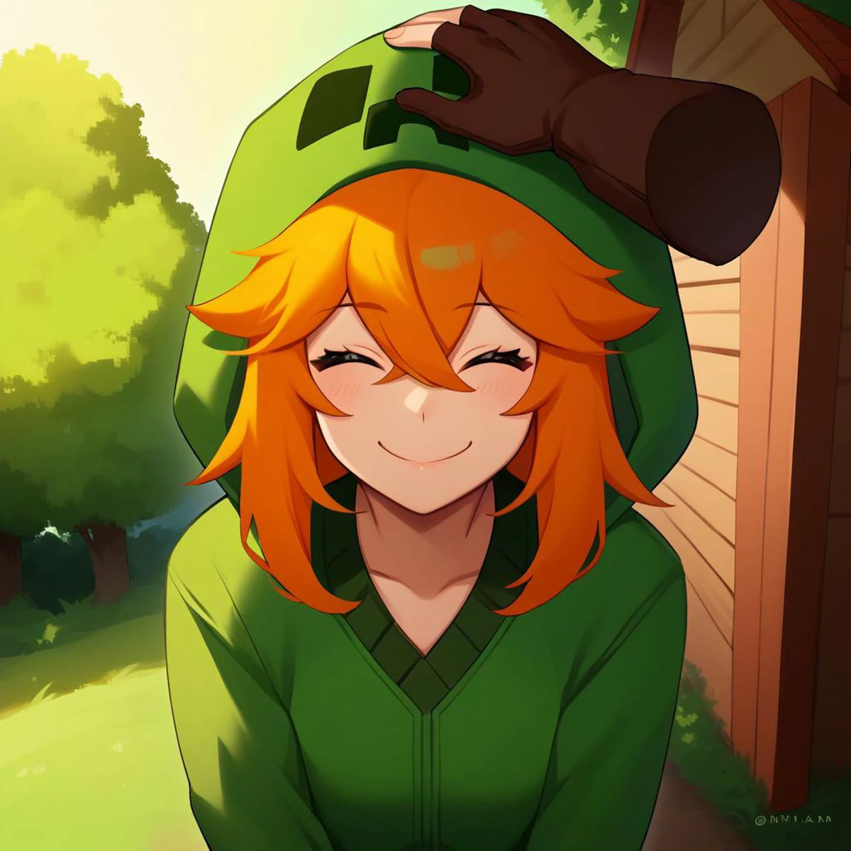 masterpiece, highres, score_9, score_8_up, score_7_up, source_anime, solo, 1boy, 1girl, mtcupa, happy, eyes closed, happy smile, orange hair, green hoodie, hood, long sleeves, brown gloves, green thighhighs, cottage, forest, pov, living room, perfect hands, perfect eyes, perfect mouth, pov hands, upper body, headpat<lora:mobtalker_creeper_ponyXL:1> <lora:Headpat_XLPD:1>