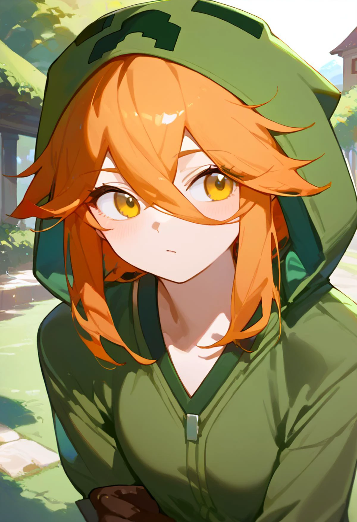 (score_9,score_8_up,score_7_up),best quality, masterpiece,source anime, <lora:naipf:1>,
1 girl, <lora:mobtalker_creeper_ponyXL:1> mtcupa,orange hair, yellow eyes, green hoodie, hood, long sleeves, brown gloves, green thighhighs, outdoors,