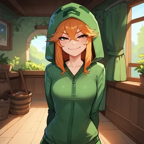 masterpiece, highres, score_9, score_8_up, score_7_up, source_anime, solo, 1girl, mtcupa, happy, half lidded eyes, closed smile, brown gloves, hands behind back, orange hair, green hoodie, hood, long sleeves, green thighhighs, cottage, forest, pov, living room, perfect hands, perfect eyes, perfect mouth, upper body, <lora:smug3(sdxl):1.0> smug, <lora:mobtalker_creeper_ponyXL:1>