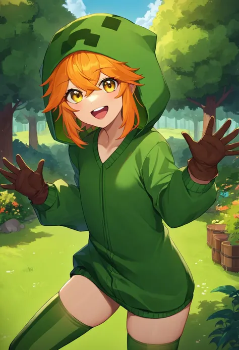 score_9, score_8_up, score_7_up, source_anime, solo, 1girl, mtcupa, happy, looking at viewer, upper teeth, waving, orange hair, yellow eyes, green hoodie, hood, long sleeves, brown gloves, green thighhighs, outdoors, forest <lora:mobtalker_creeper_ponyXL:1>