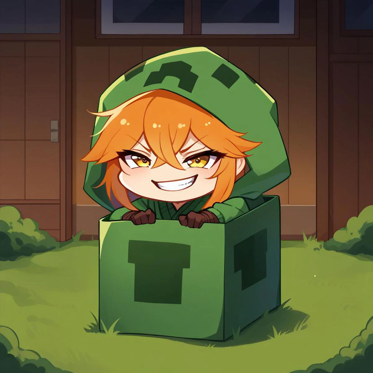b0xe,chibi, in box,sitting,
mtcupa, orange hair, yellow eyes, green hoodie, hood, long sleeves, brown gloves, holding tnt, green thighhighs, grin, open door, dark background, outdoors,
BREAK
score_9,score_8_up,score_7_up, <lora:boxed_potat_v1:1> <lora:mobtalker_creeper_ponyXL:1>